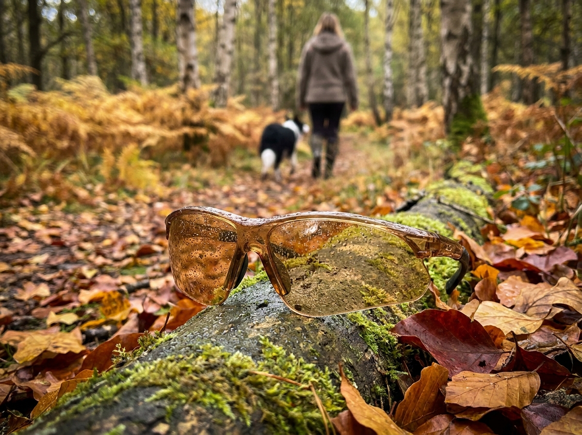 Gros plan de lunettes de protection posées sur une bûche en forêt en automne avec une promeneuse et son chien en arrière-plan flou