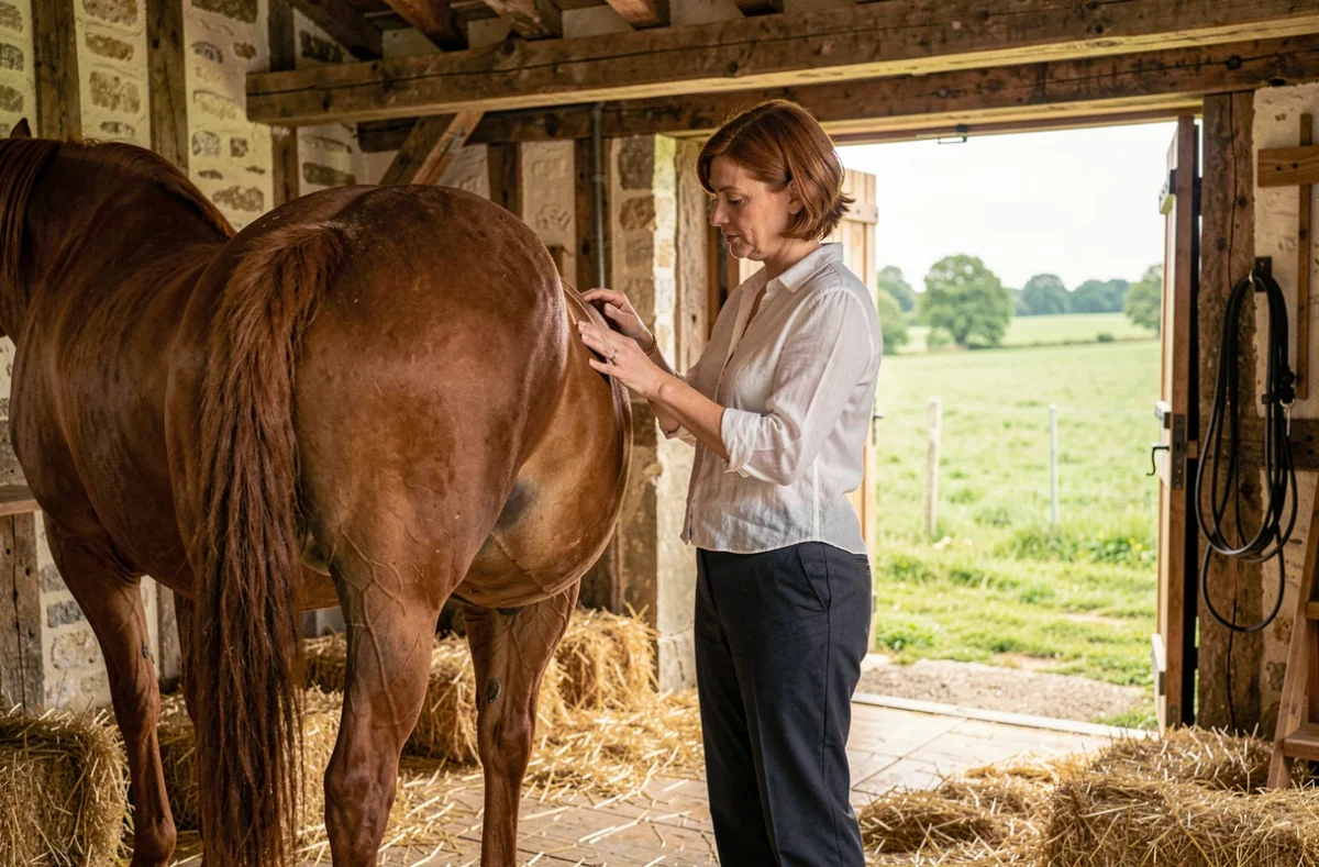 Marie Ernult, ostéopathe pour animaux à Caen, travaille sur les postérieurs d'un cheval dans une écurie normande