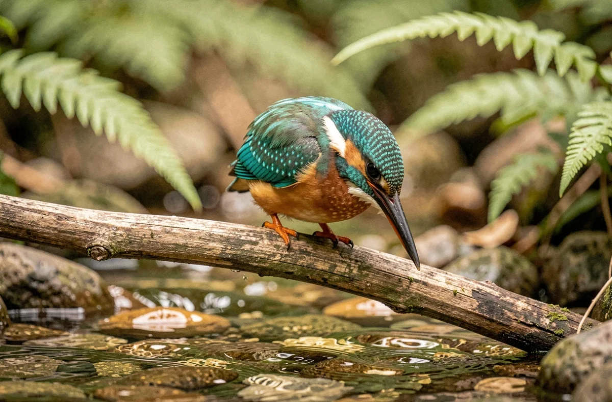 Martin-pêcheur perché sur une branche au-dessus d'un ruisseau forestier, plumage turquoise et orange en détail précis