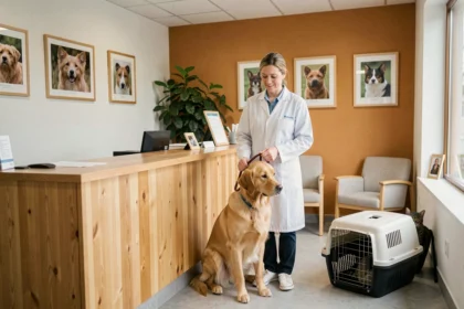 Vue d'ensemble d'une clinique vétérinaire moderne en Ille-et-Vilaine avec une vétérinaire et des animaux dans la salle d'attente