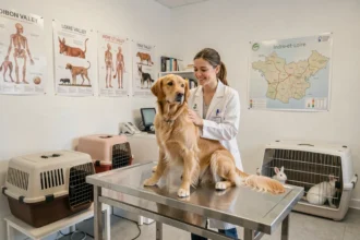 Vue d'ensemble d'une clinique vétérinaire moderne en Indre-et-Loire avec une vétérinaire examinant un golden retriever