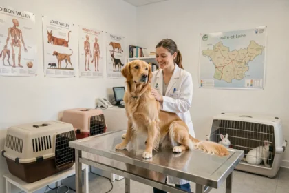 Vue d'ensemble d'une clinique vétérinaire moderne en Indre-et-Loire avec une vétérinaire examinant un golden retriever