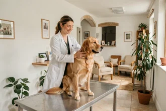 Une vétérinaire normande souriante examine un golden retriever dans une clinique vétérinaire moderne et accueillante