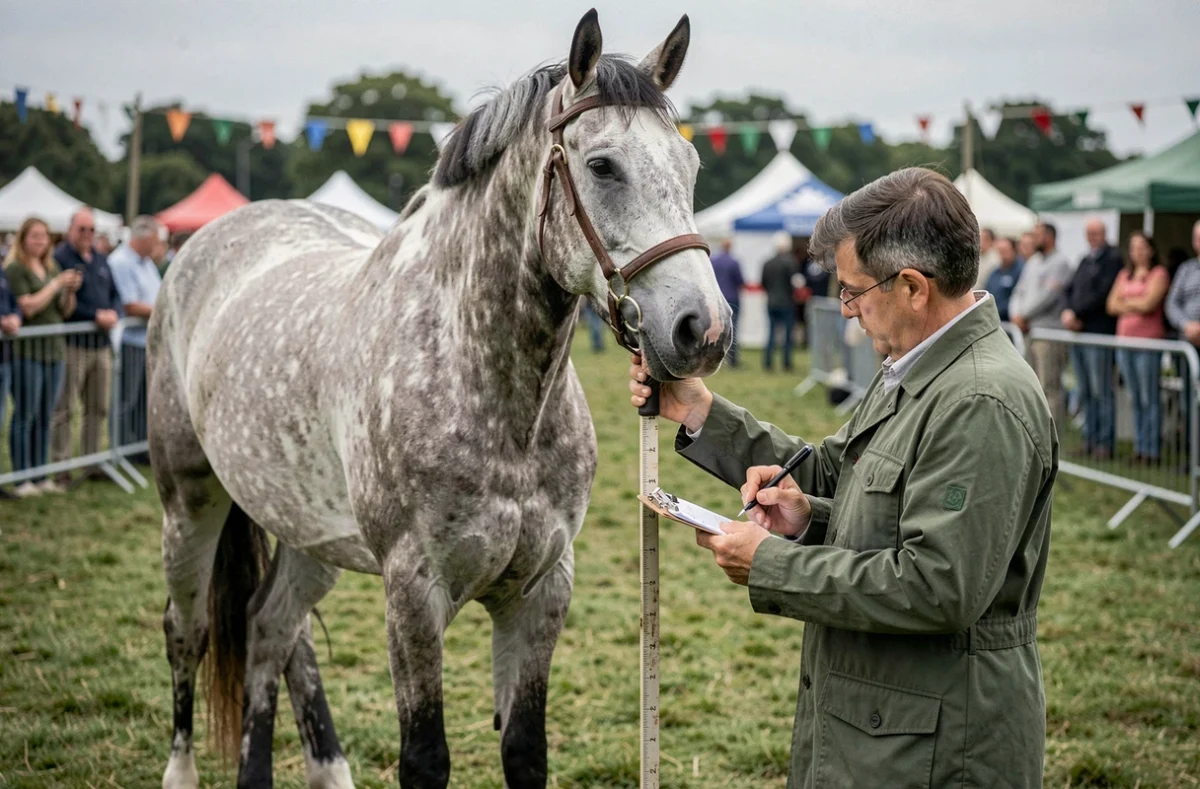 Un vétérinaire mesurant la hauteur d'un immense cheval Clydesdale lors d'un concours agricole, illustrant les records de taille des chevaux de trait