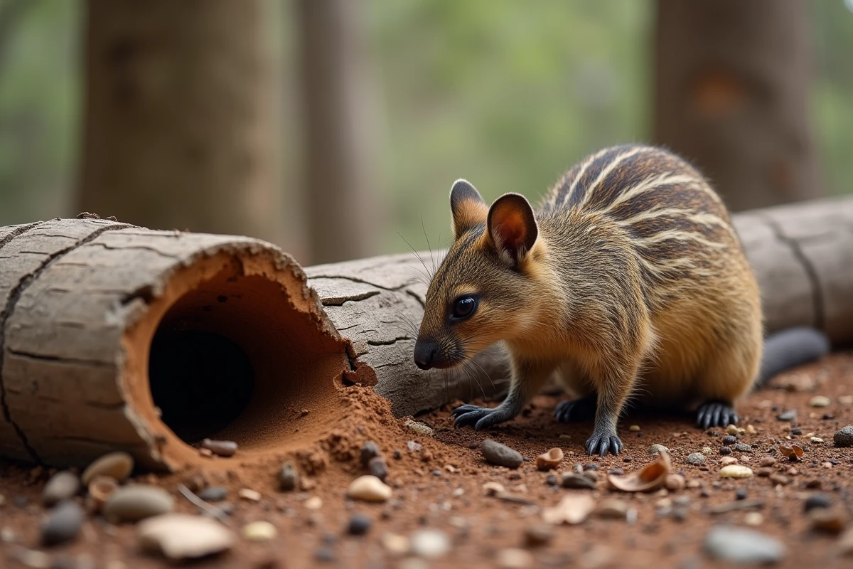 Numbat explorant une bûche d'eucalyptus à la recherche de termites en Australie-Occidentale