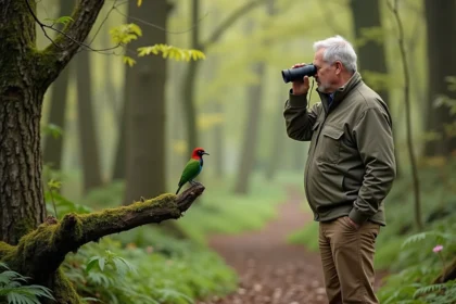 Observateur d'oiseaux dans une forêt française avec un oiseau vert à tête rouge