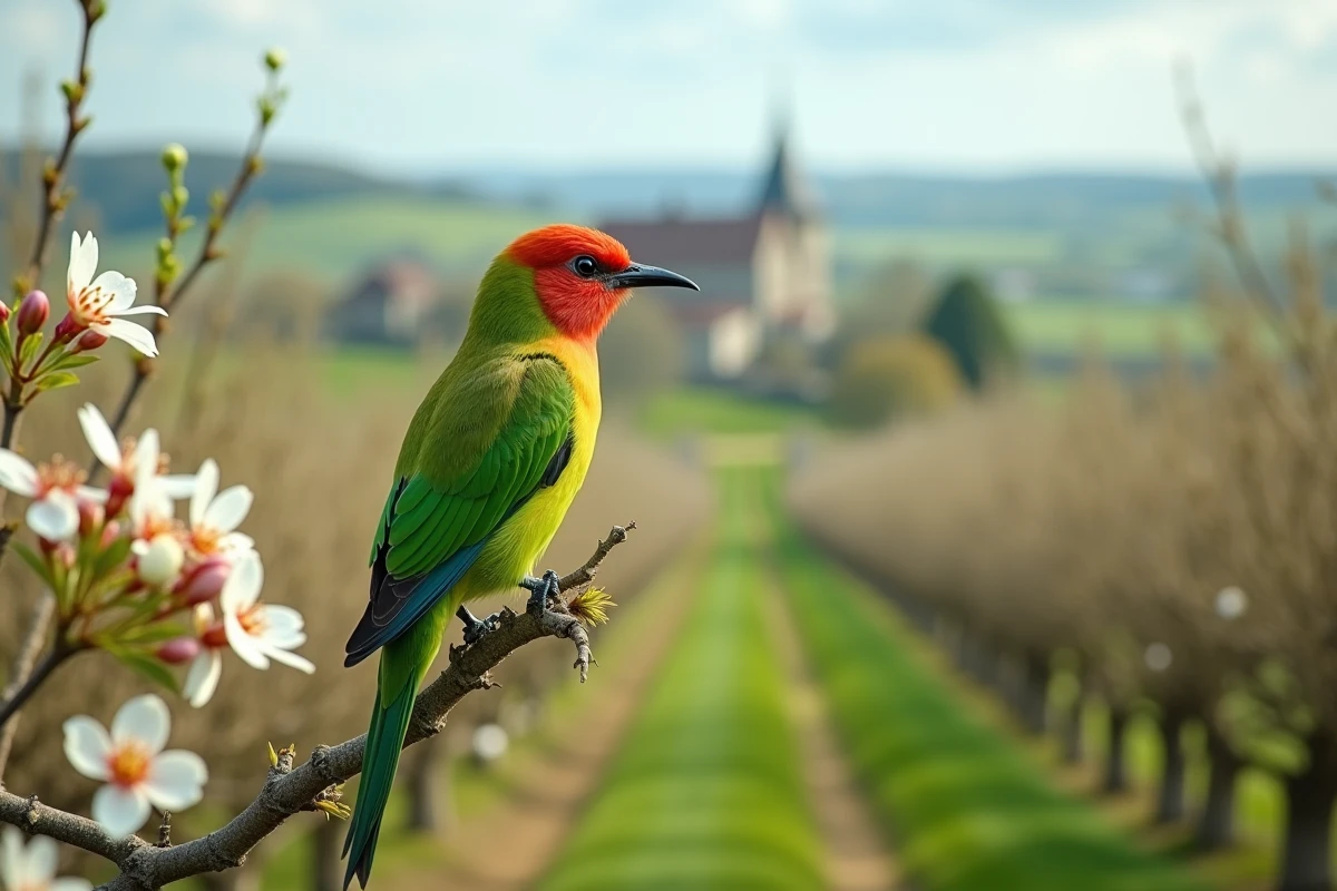 Oiseau vert vif avec tête rouge perchée sur une branche en verger français