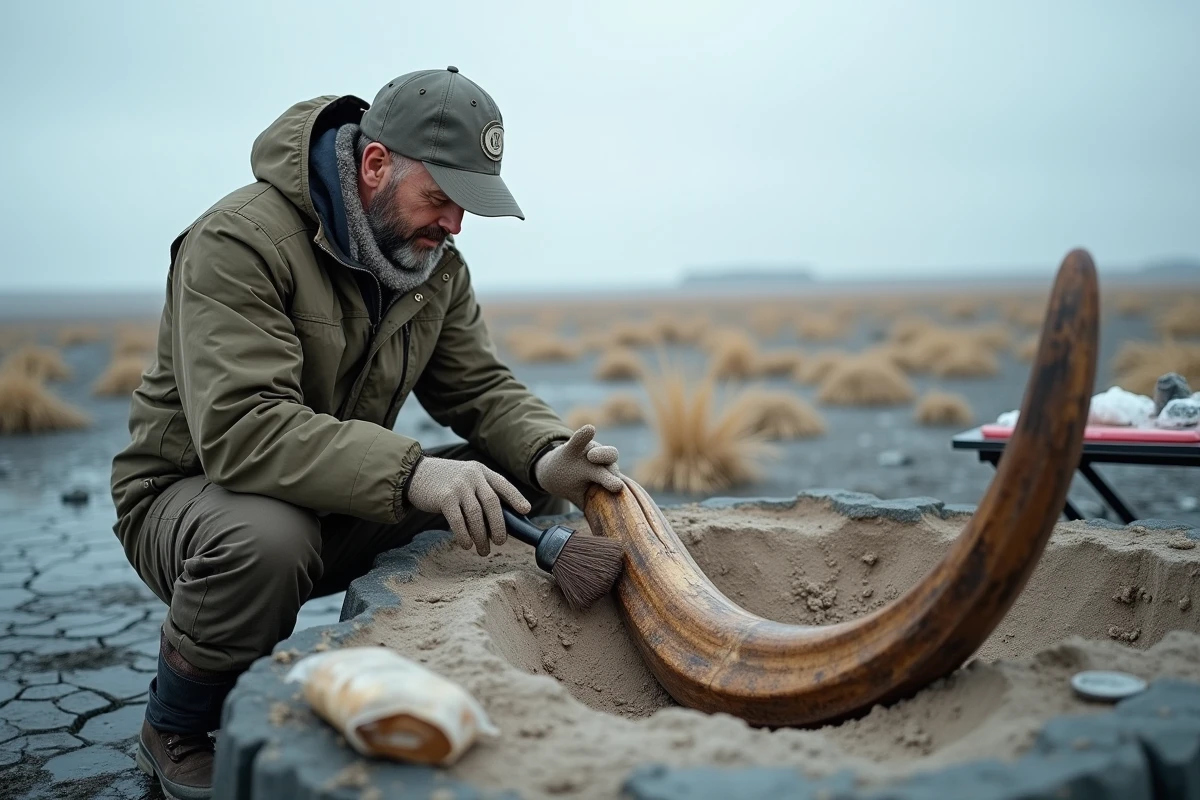 Paléontologue dégageant une défense de mammouth fossile dans le pergélisol sibérien lors d'une fouille archéologique