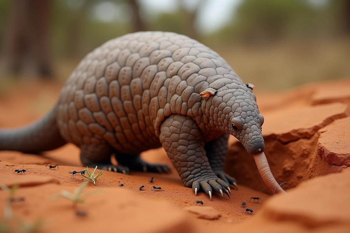 Pangolin déroulant sa langue collante pour capturer des fourmis dans le sol en Afrique