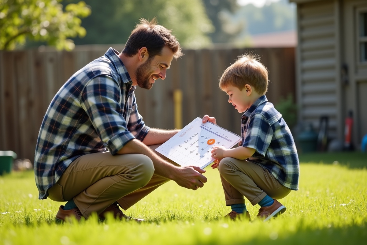 Père et enfant regardant un calendrier familial en extérieur