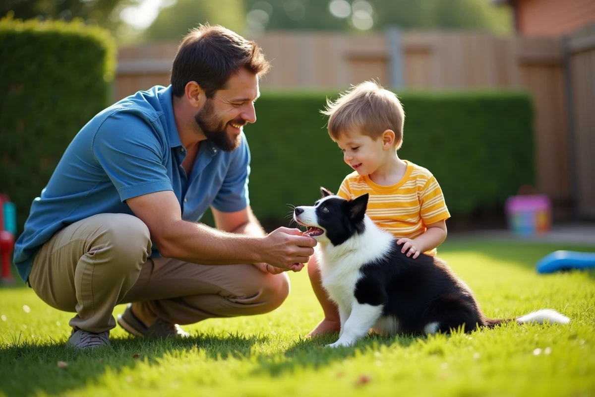 Père et fils récompensant un chiot border collie dans le jardin