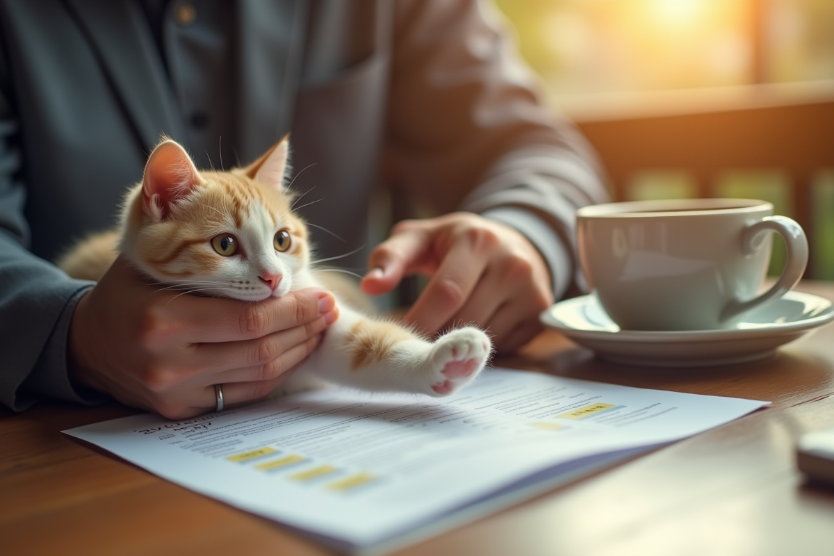 Patte de chat tenue par un homme avec papiers et café