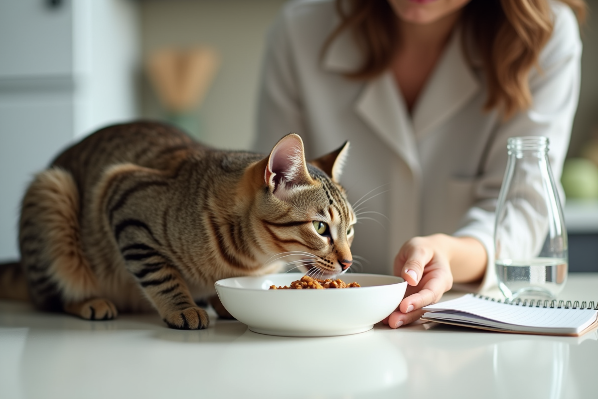 Personne donnant un repas spécial à un chat dans la cuisine avec journal diabete