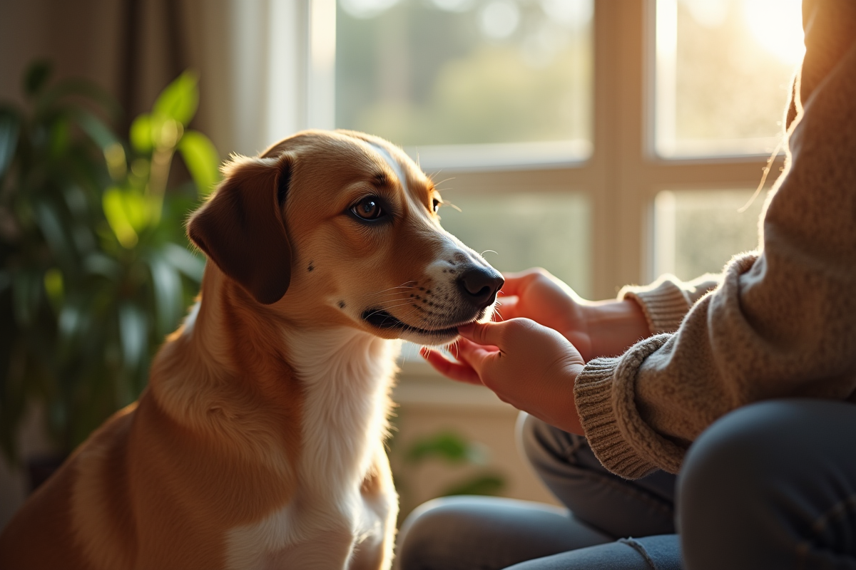 Personne caressant un chien rescue dans un intérieur chaleureux