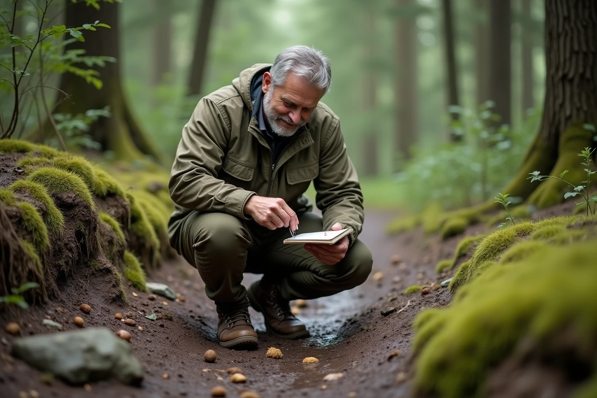 Pisteur naturaliste accroupi sur un sentier forestier boueux examinant des crottes d'animaux sauvages avec un carnet de terrain