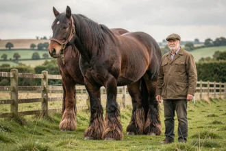 Un immense cheval Shire debout dans un pâturage anglais, mis en perspective par un homme en manteau ciré illustrant la hauteur exceptionnelle de l'animal