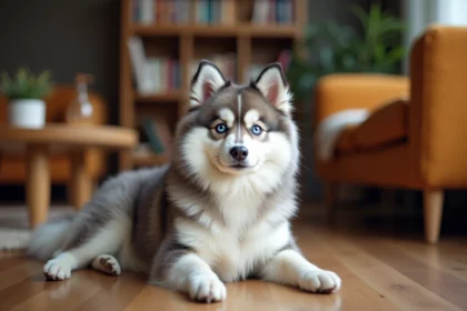 Pomsky adulte au pelage argenté assis calmement dans un salon, les yeux bleus expressifs, atmosphère domestique chaleureuse