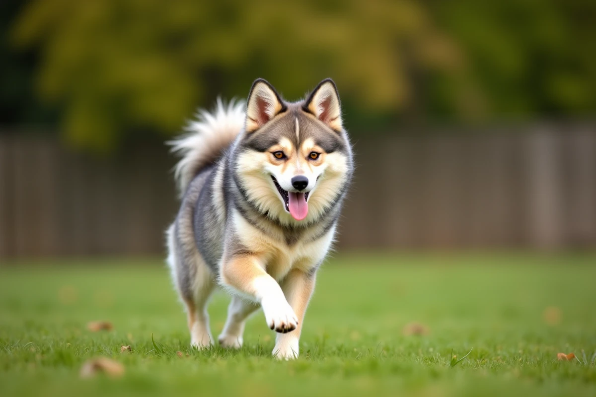 Pomsky adulte courant dans un parc en plein air, fourrure crème et grise, expression dynamique et énergique