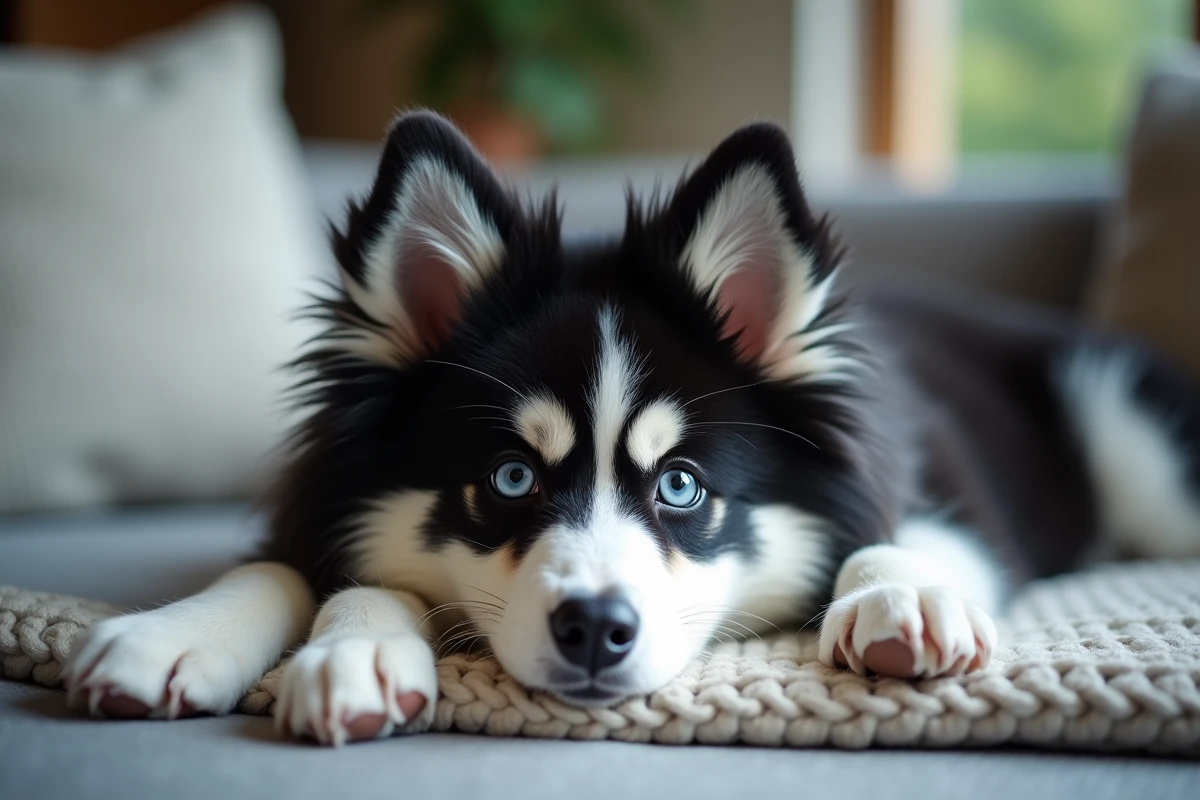 Pomsky adulte allongé sur une couverture en laine, regard calme et curieux, portrait réaliste en intérieur