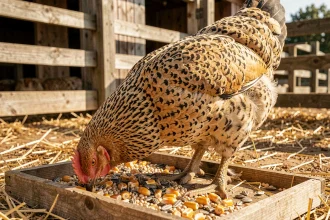 Poule Brahma mangeant un mélange de grains sur un plateau en bois dans une ferme rustique