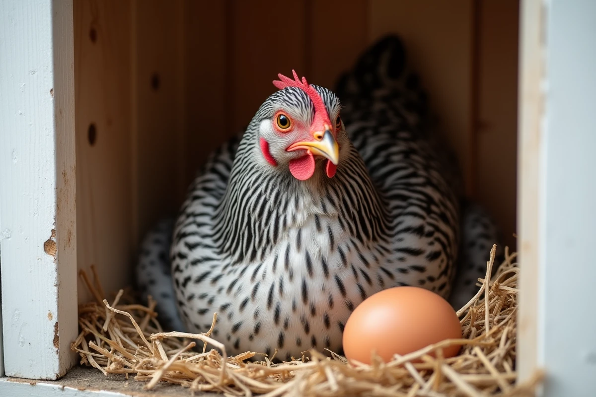 Poule Plymouth Rock nichée dans un pondoir en paille avec un œuf brun, comportement naturel de ponte