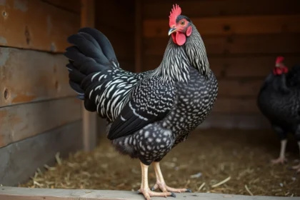 Poule Plymouth Rock barrée perchée dans un poulailler rustique en bois, plumage noir et blanc détaillé