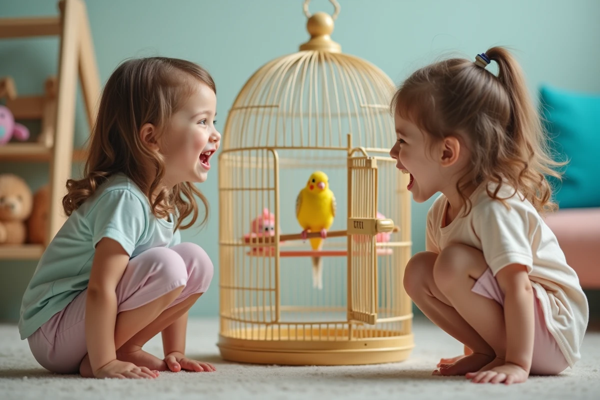 Enfants qui rient devant une cage à oiseaux avec un canari et une plaque de prénom rigolo