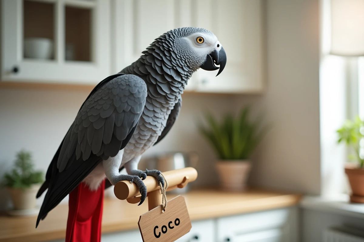 Perroquet gris africain sur un perchoir en bois avec une étiquette de prénom dans une cuisine familiale