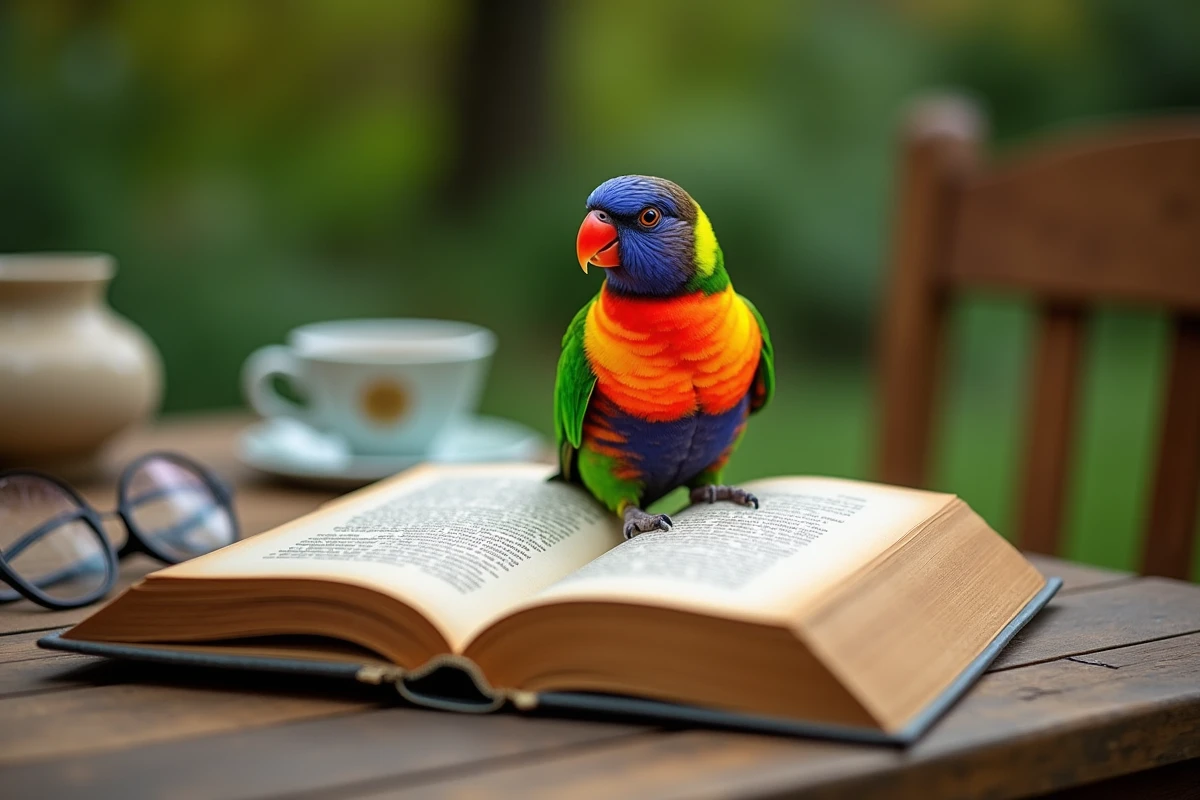 Inséparable coloré posé sur un livre de prénoms rigolos pour oiseaux posé sur une table en bois dans un jardin
