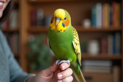 Femme souriante tenant une perruche verte et jaune sur son doigt dans un salon chaleureux