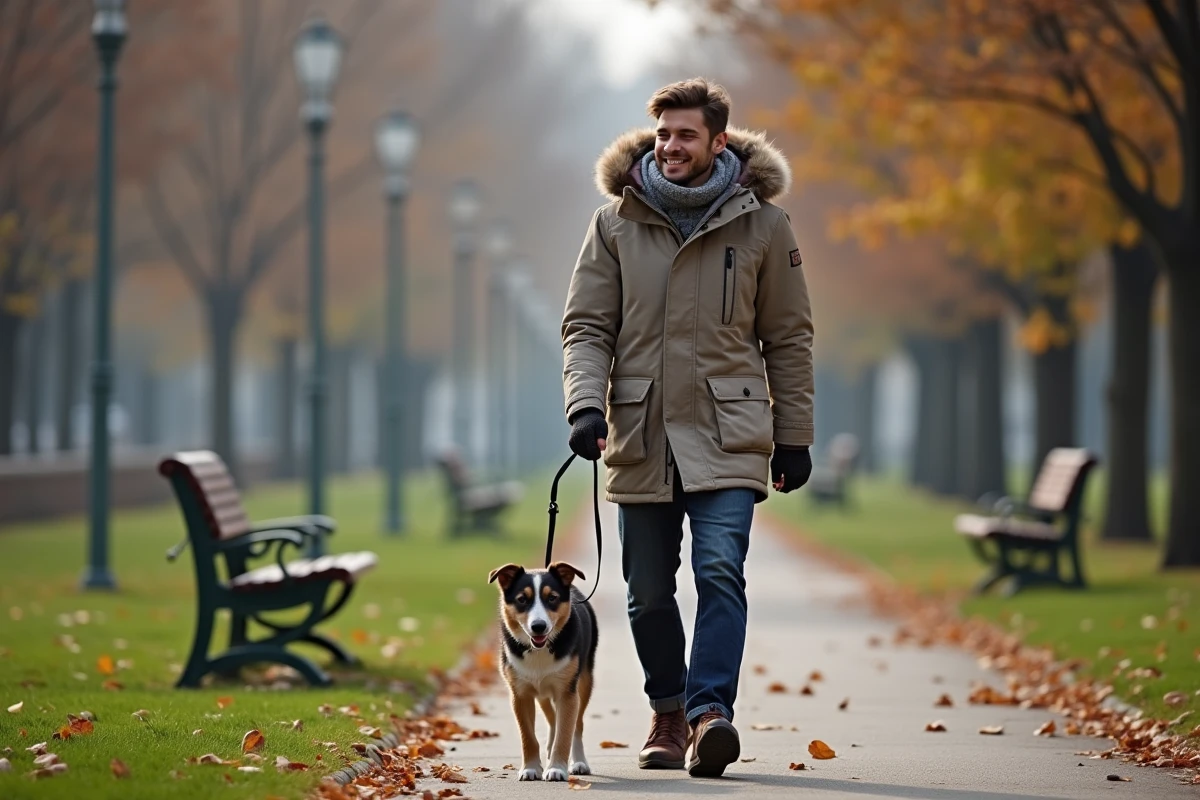 Jeune homme marchant son chien dans un parc urbain en automne