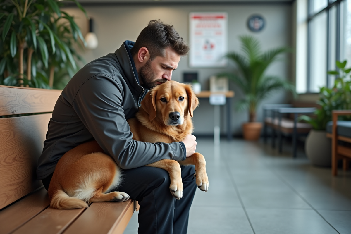 Homme anxieux avec son chien dans la salle d