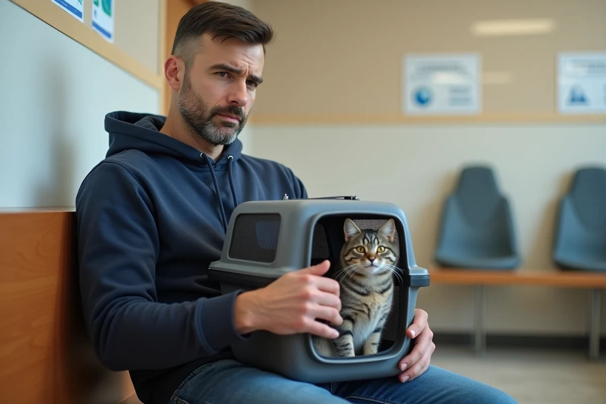 Propriétaire inquiet en salle d'attente vétérinaire avec son chat dans une cage de transport, évoquant les imprévus vétérinaires couverts par une assurance animaux
