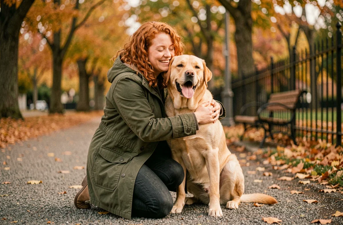 Femme et son labrador dans un parc en automne, illustrant le lien entre propriétaire et chien assuré
