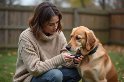 Propriétaire qui attache un collier GPS sans abonnement sur son golden retriever dans un jardin en automne