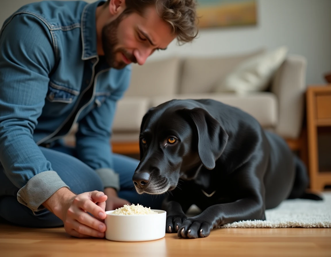Propriétaire donnant du riz blanc à son chien labrador malade allongé sur le parquet du salon pour soigner ses vomissements