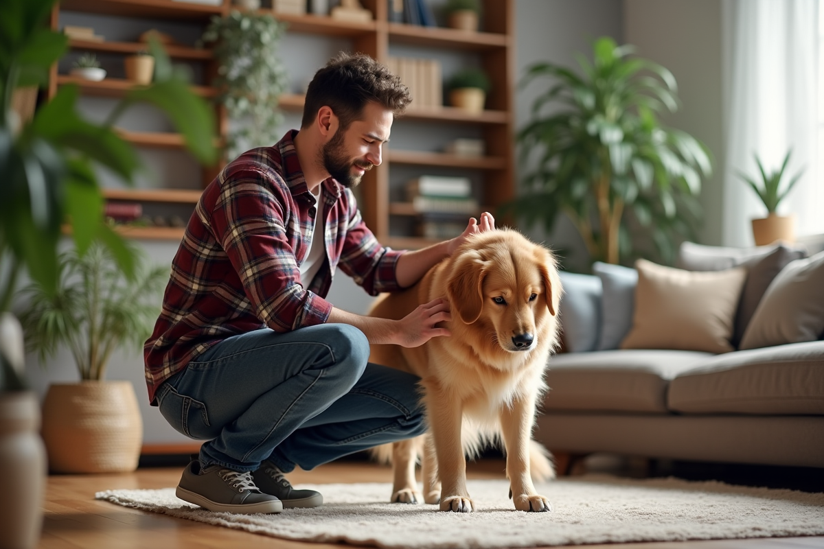 Jeune propriétaire inspectant son chien dans un salon cosy