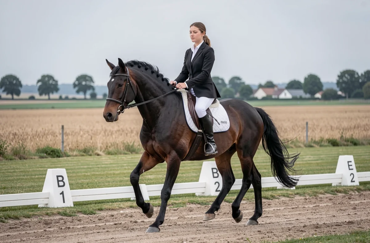 Cavalière en tenue de dressage sur un cheval bai foncé dans le manège extérieur de Pur Cheval à Breteau