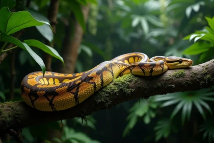 Python réticulé géant enroulé sur une branche moussue en forêt tropicale, montrant ses écailles iridescentes dorées et brunes