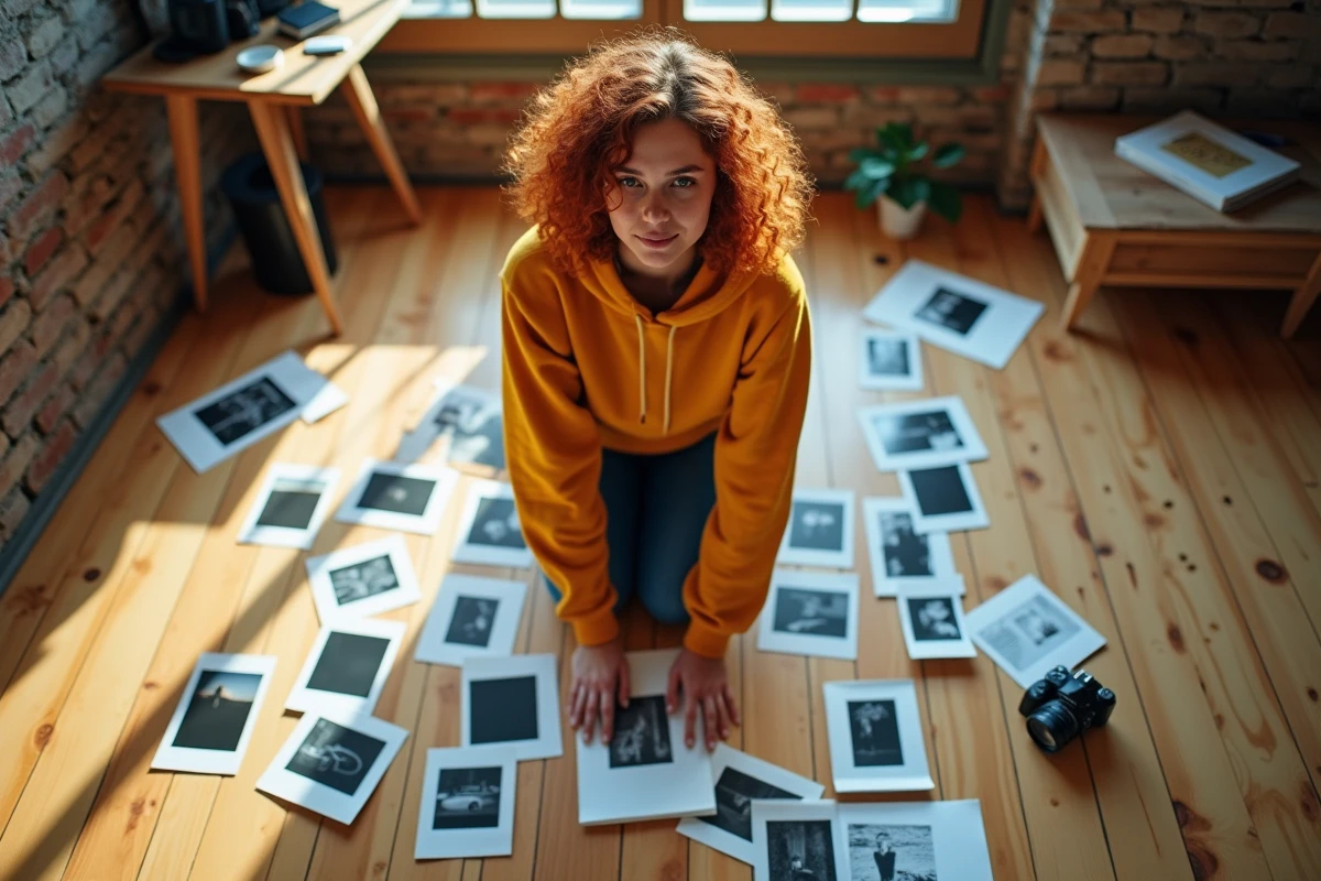 Jeune femme entourée de photos imprimées et de négatifs sur un plancher en bois, cherchant à retrouver des images originales