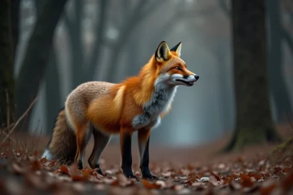 Renard roux en train de crier à l'orée d'une forêt brumeuse au crépuscule, ambiance mystérieuse et folklorique