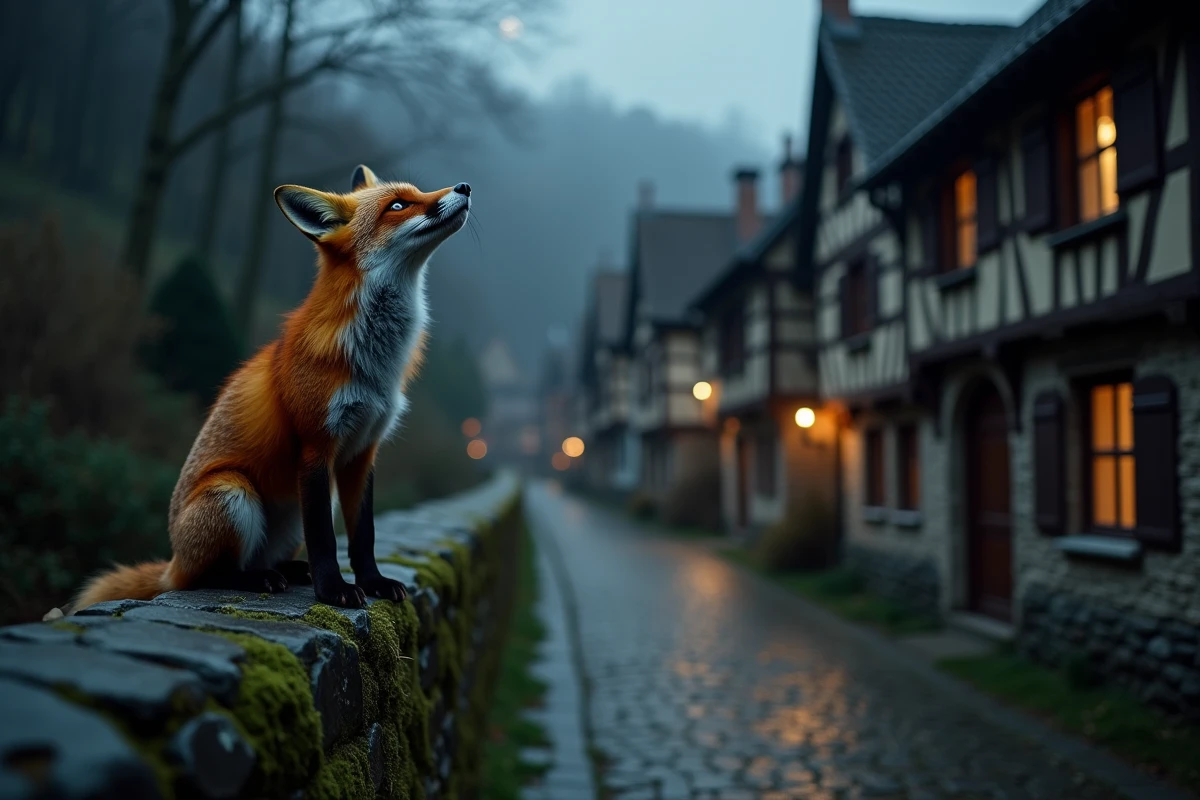 Renard roux hurlant sur un mur de pierre dans un village médiéval nocturne, évoquant les légendes et superstitions populaires