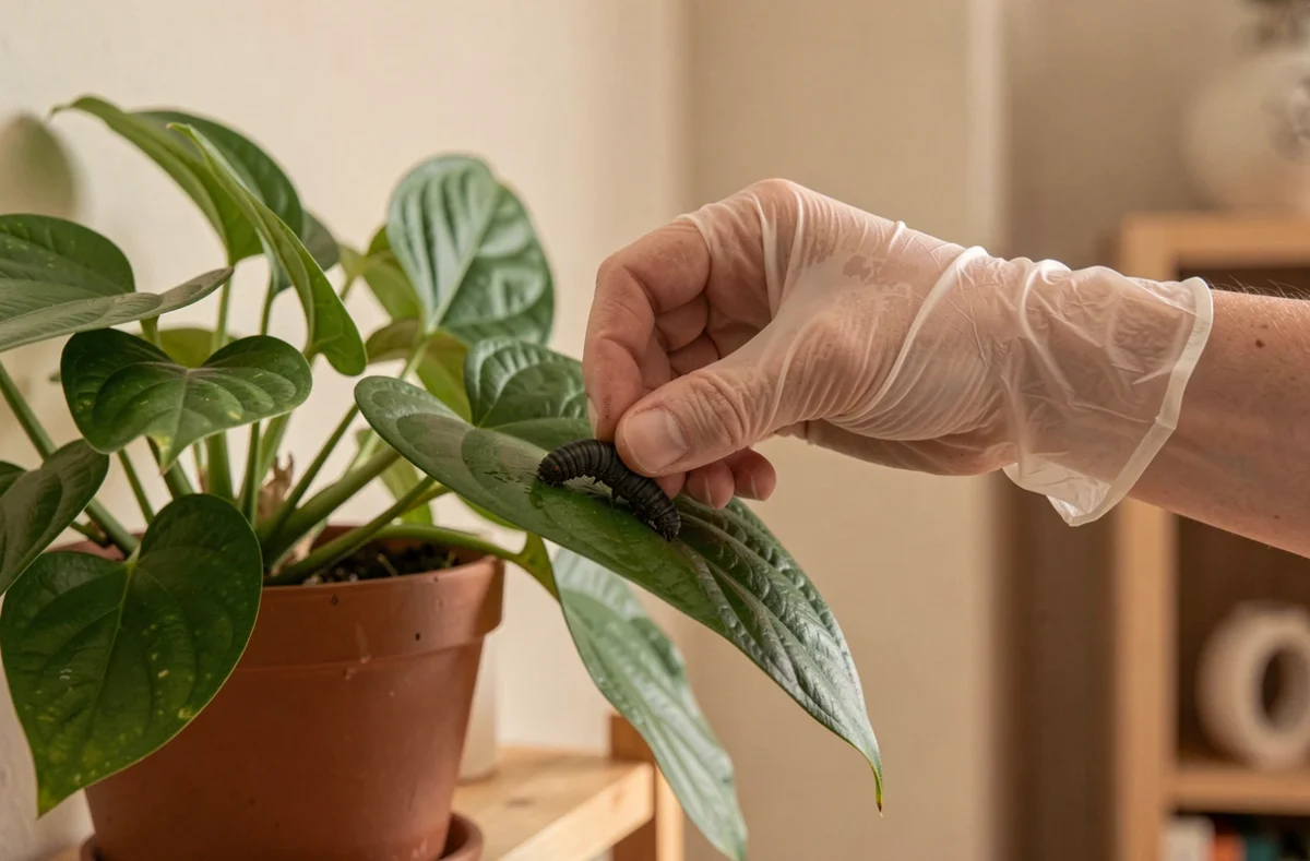Main gantée récupérant délicatement une chenille sur une plante d'intérieur pour la retirer de la maison