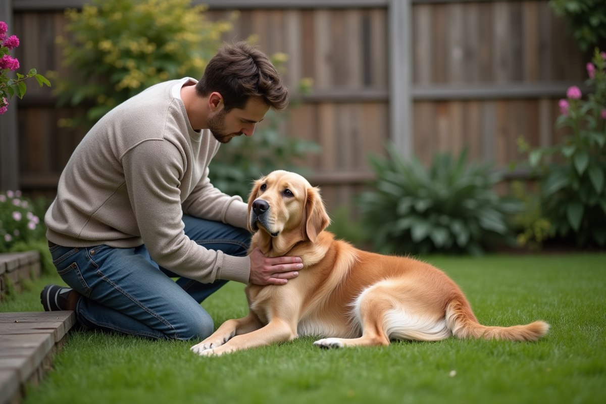 Retriever assis avec son propriétaire dans le jardin