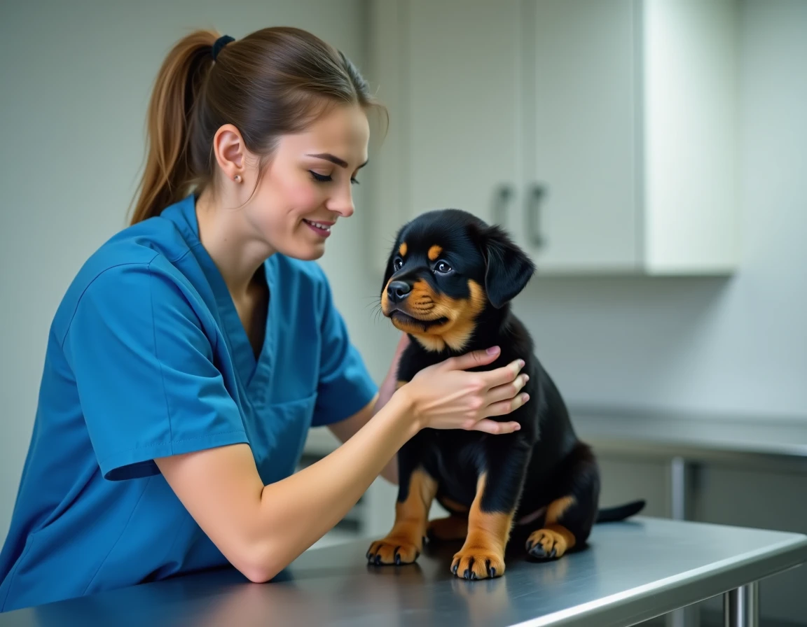 Vétérinaire examinant un chiot Rottweiler lors d'une consultation médicale, soulignant les précautions de santé essentielles avant l'adoption d'un Rottweiler