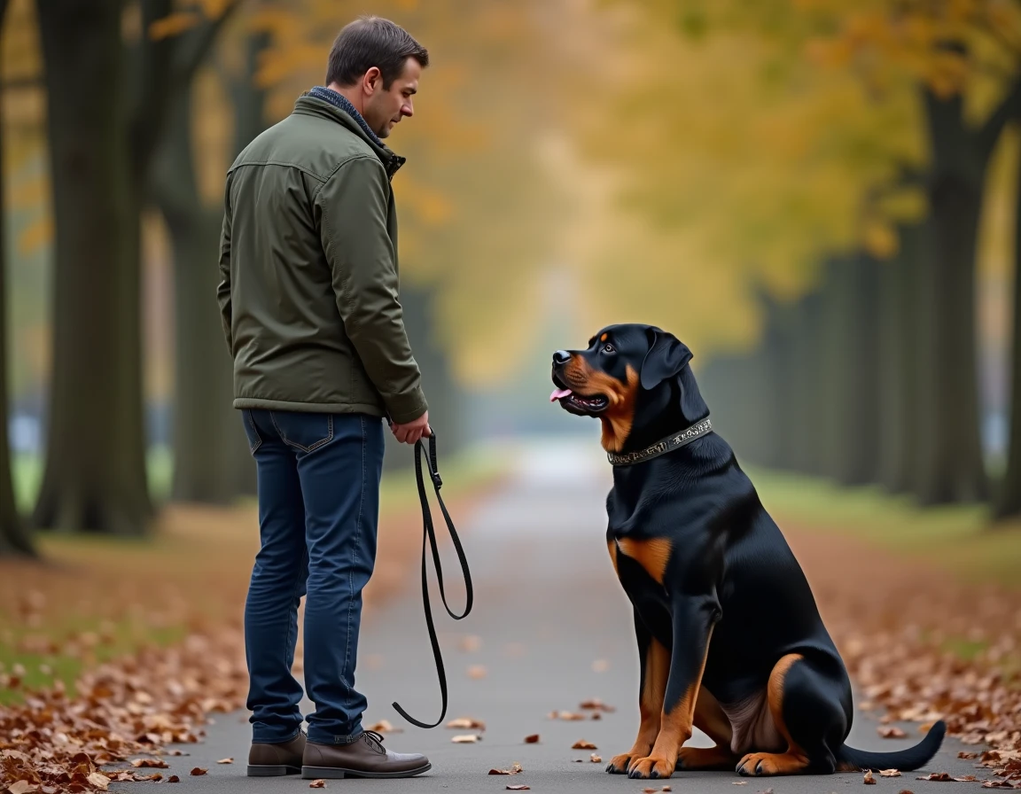 Homme en train d'éduquer un Rottweiler adulte dans un parc en automne, démontrant l'importance du dressage avant l'adoption de ce chien de garde
