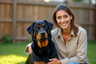 Femme adulte avec son Rottweiler calme dans un jardin familial, illustrant la cohabitation sereine entre ce chien de race et son maître