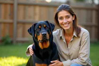 Femme adulte avec son Rottweiler calme dans un jardin familial, illustrant la cohabitation sereine entre ce chien de race et son maître
