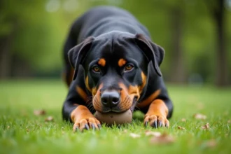 Rottweiler adulte mordant un jouet en caoutchouc montrant la puissance de sa mâchoire dans un parc