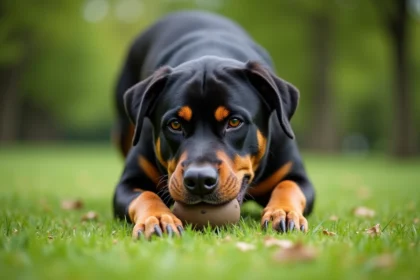 Rottweiler adulte mordant un jouet en caoutchouc montrant la puissance de sa mâchoire dans un parc